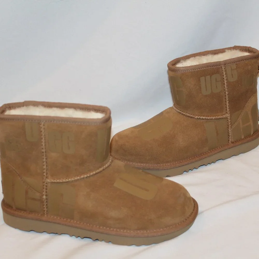 NIB UGG‎ LOGO MINI SUEDE SHEARLING LINED YOUTH GIRL'S BOOTS CHESTNUT